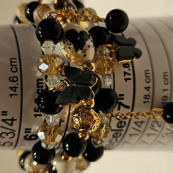 3 Black & White & Goldtone Glass & Crystal Beaded Stretch Bracelet Set - Picture 9 of 9